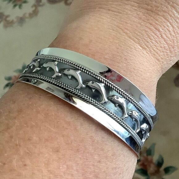 Sterling SILVER 925 EMBOSSED DOLPHINS WIDE BRACELET​ - Picture 1 of 9